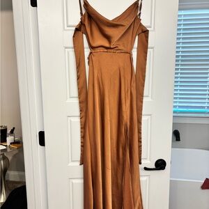 Brown maxi gown with cowl neck and sleeveless design for cocktail